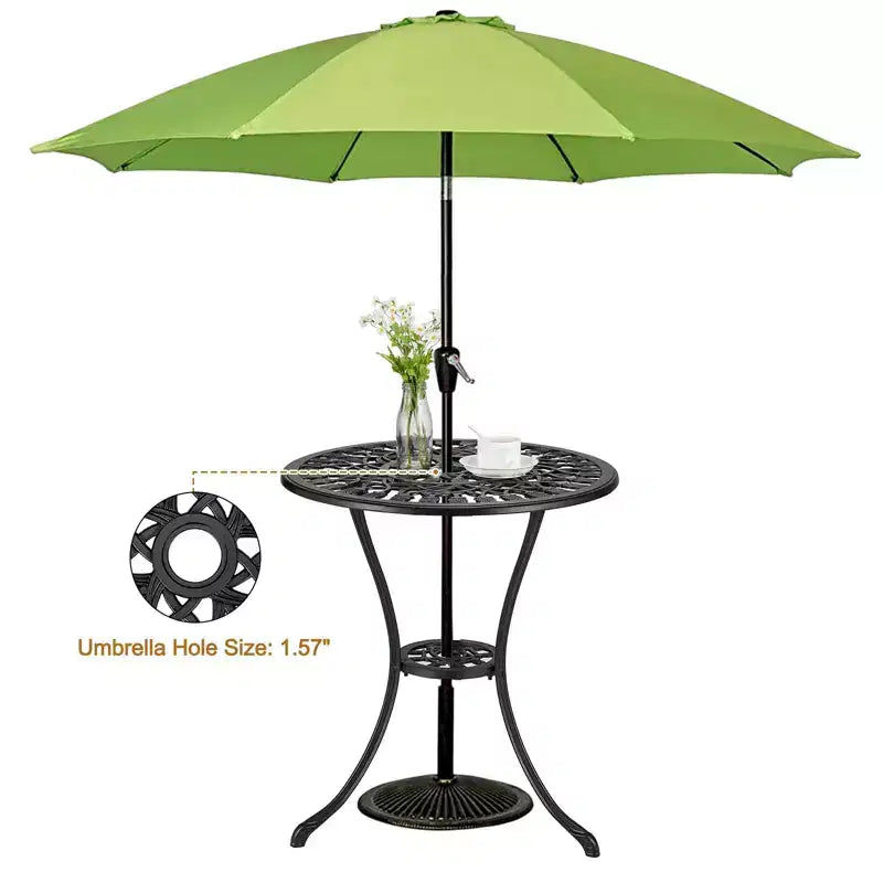 Table de bistrot ronde noire de 60 cm – Aluminium moulé, motif tulipe antique, avec trou de parasol de 6 cm, résistante aux intempéries pour véranda, balcon, bord de piscine