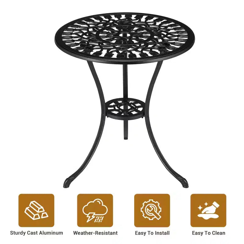 Table de bistrot ronde noire de 60 cm – Aluminium moulé, motif tulipe antique, avec trou de parasol de 6 cm, résistante aux intempéries pour véranda, balcon, bord de piscine