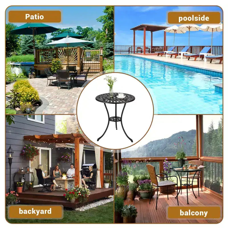 Table de bistrot ronde noire de 60 cm – Aluminium moulé, motif tulipe antique, avec trou de parasol de 6 cm, résistante aux intempéries pour véranda, balcon, bord de piscine