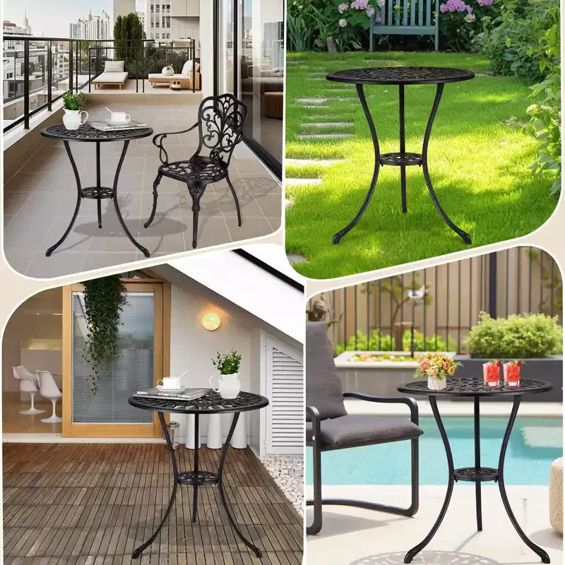 Table de bistrot ronde noire de 60 cm – Aluminium moulé, motif tulipe antique, avec trou de parasol de 6 cm, résistante aux intempéries pour véranda, balcon, bord de piscine
