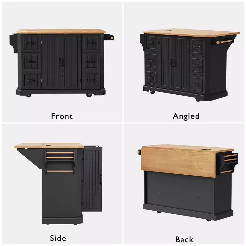 Îlot de cuisine 56" avec placage en bois d'hévéa, rabattable, prise de courant, 6 tiroirs, portes de grange à rayures verticales, chariot de cuisine roulant sur 4 roulettes verrouillables