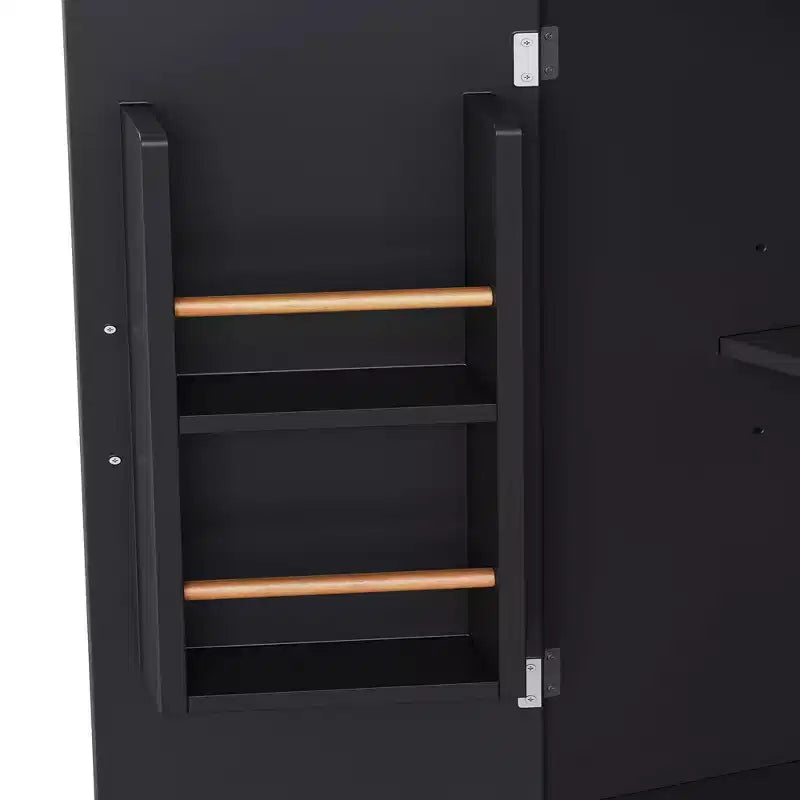 Îlot de cuisine 56" avec placage en bois d'hévéa, rabattable, prise de courant, 6 tiroirs, portes de grange à rayures verticales, chariot de cuisine roulant sur 4 roulettes verrouillables