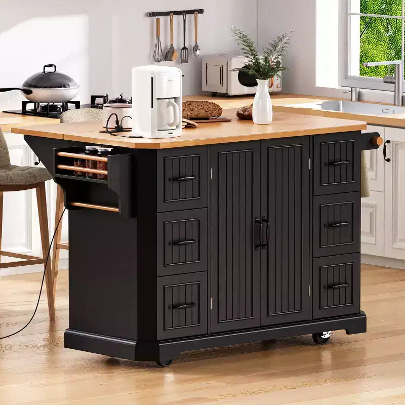 Îlot de cuisine 56" avec placage en bois d'hévéa, rabattable, prise de courant, 6 tiroirs, portes de grange à rayures verticales, chariot de cuisine roulant sur 4 roulettes verrouillables