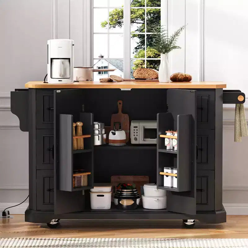 Îlot de cuisine 56" avec placage en bois d'hévéa, rabattable, prise de courant, 6 tiroirs, portes de grange à rayures verticales, chariot de cuisine roulant sur 4 roulettes verrouillables