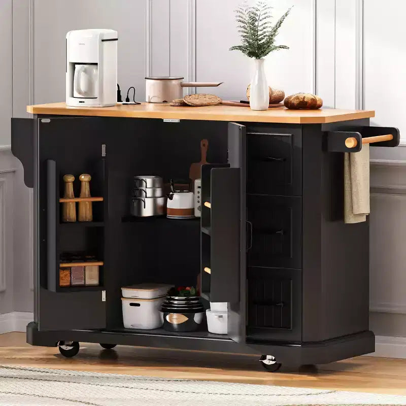 Îlot de cuisine 56" avec placage en bois d'hévéa, rabattable, prise de courant, 6 tiroirs, portes de grange à rayures verticales, chariot de cuisine roulant sur 4 roulettes verrouillables