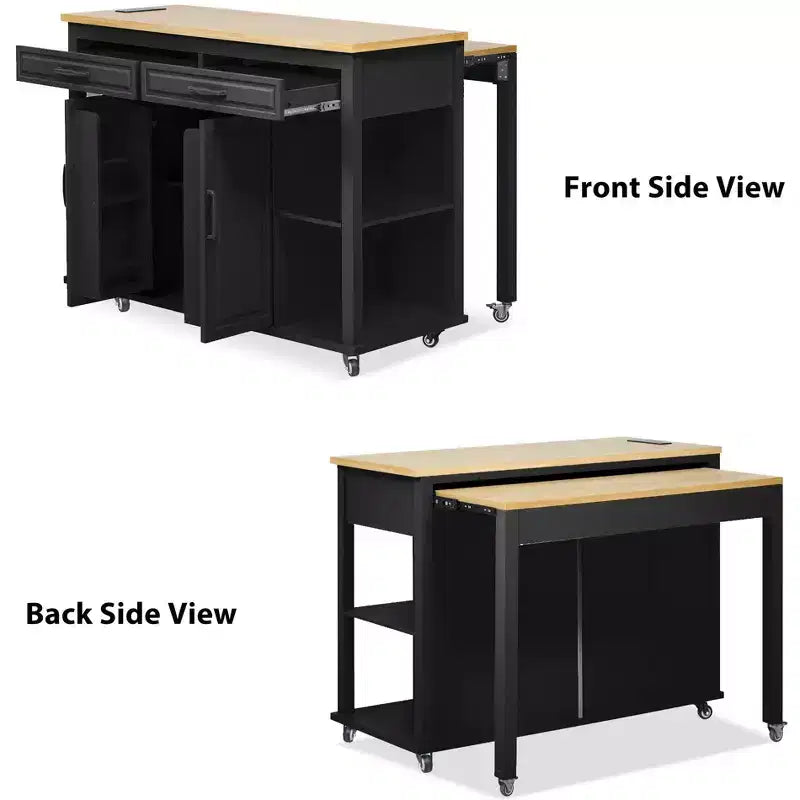 47 Îlot de cuisine avec table à manger extensible, dessus en placage de bois d'hévéa, étagère de rangement interne, prise de courant intégrée, chariot de cuisine roulant