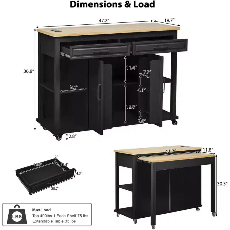 47 Îlot de cuisine avec table à manger extensible, dessus en placage de bois d'hévéa, étagère de rangement interne, prise de courant intégrée, chariot de cuisine roulant
