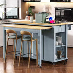 47 Îlot de cuisine avec table à manger extensible, dessus en placage de bois d'hévéa, étagère de rangement interne, prise de courant intégrée, chariot de cuisine roulant