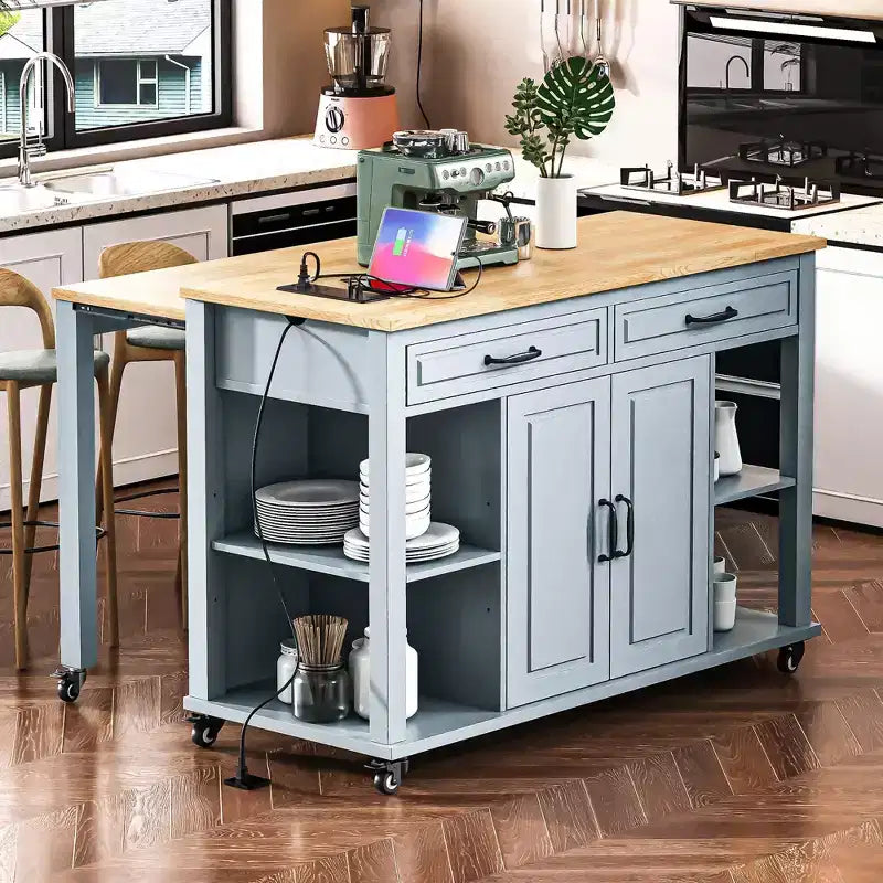 47 Îlot de cuisine avec table à manger extensible, dessus en placage de bois d'hévéa, étagère de rangement interne, prise de courant intégrée, chariot de cuisine roulant