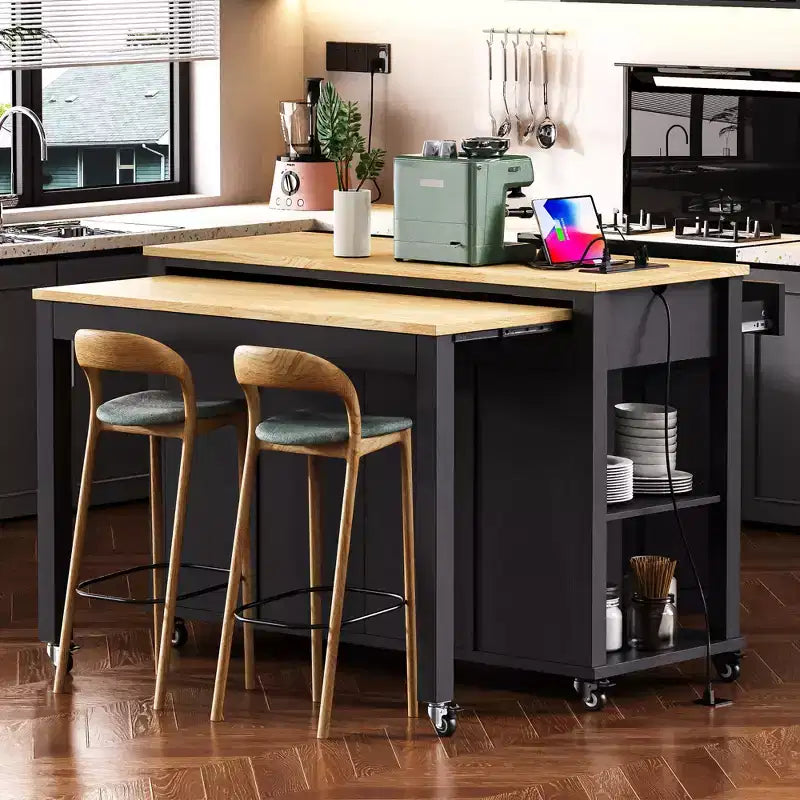 47 Îlot de cuisine avec table à manger extensible, dessus en placage de bois d'hévéa, étagère de rangement interne, prise de courant intégrée, chariot de cuisine roulant
