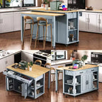 47 Îlot de cuisine avec table à manger extensible, dessus en placage de bois d'hévéa, étagère de rangement interne, prise de courant intégrée, chariot de cuisine roulant