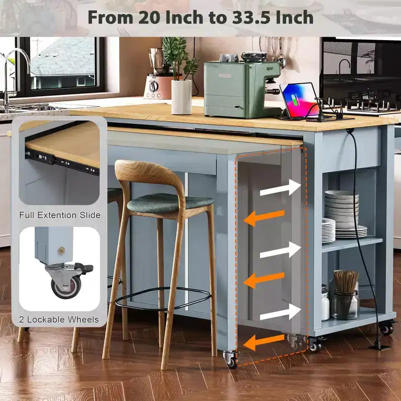 47 Îlot de cuisine avec table à manger extensible, dessus en placage de bois d'hévéa, étagère de rangement interne, prise de courant intégrée, chariot de cuisine roulant