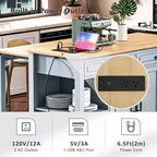 47 Îlot de cuisine avec table à manger extensible, dessus en placage de bois d'hévéa, étagère de rangement interne, prise de courant intégrée, chariot de cuisine roulant