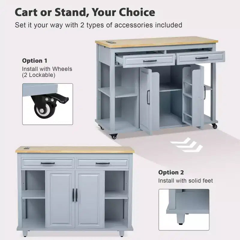 47 Îlot de cuisine avec table à manger extensible, dessus en placage de bois d'hévéa, étagère de rangement interne, prise de courant intégrée, chariot de cuisine roulant