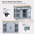 47 Îlot de cuisine avec table à manger extensible, dessus en placage de bois d'hévéa, étagère de rangement interne, prise de courant intégrée, chariot de cuisine roulant