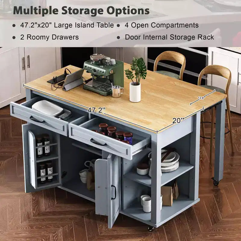 47 Îlot de cuisine avec table à manger extensible, dessus en placage de bois d'hévéa, étagère de rangement interne, prise de courant intégrée, chariot de cuisine roulant