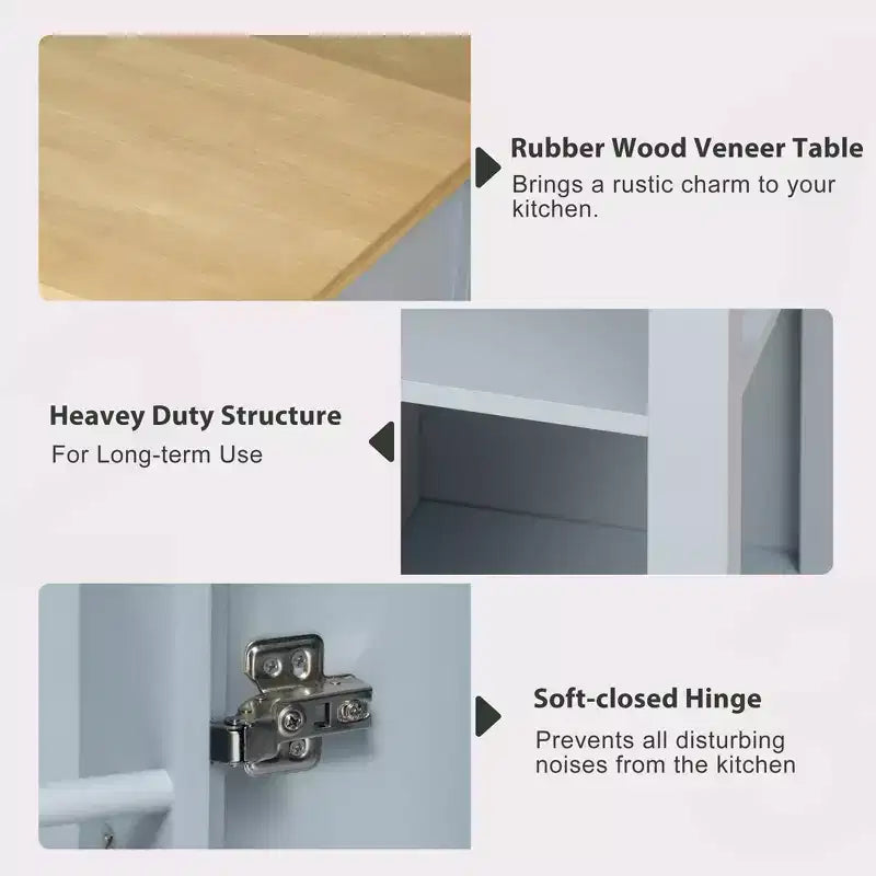 47 Îlot de cuisine avec table à manger extensible, dessus en placage de bois d'hévéa, étagère de rangement interne, prise de courant intégrée, chariot de cuisine roulant