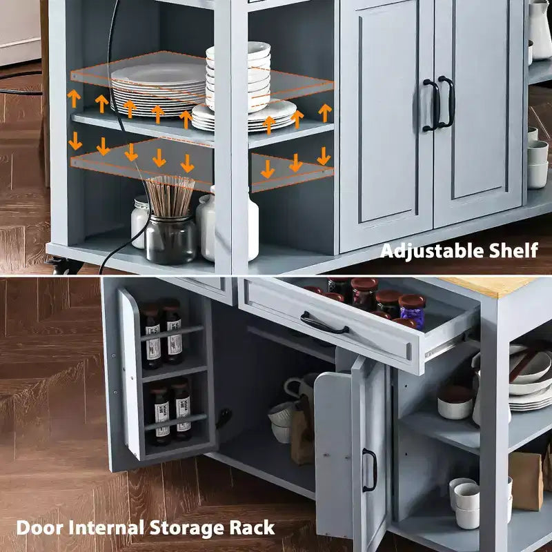47 Îlot de cuisine avec table à manger extensible, dessus en placage de bois d'hévéa, étagère de rangement interne, prise de courant intégrée, chariot de cuisine roulant