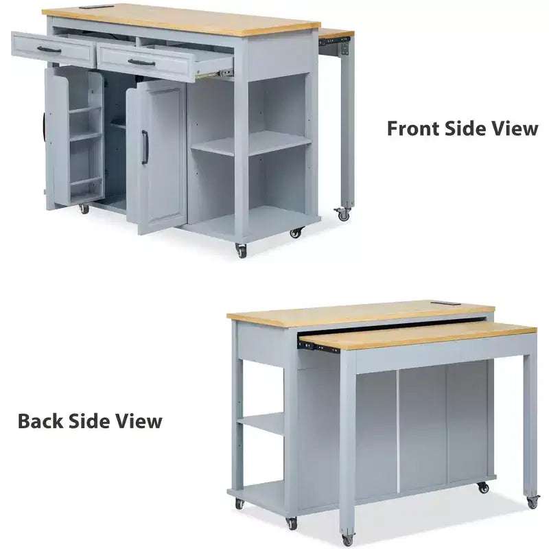 47 Îlot de cuisine avec table à manger extensible, dessus en placage de bois d'hévéa, étagère de rangement interne, prise de courant intégrée, chariot de cuisine roulant