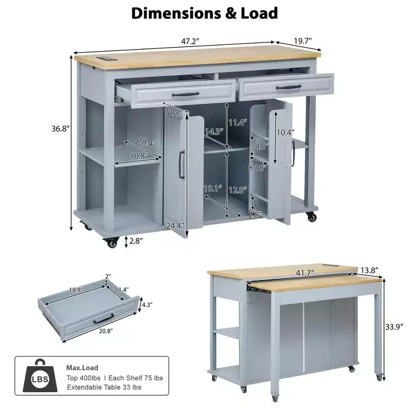 47 Îlot de cuisine avec table à manger extensible, dessus en placage de bois d'hévéa, étagère de rangement interne, prise de courant intégrée, chariot de cuisine roulant