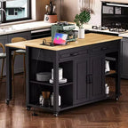 47 Îlot de cuisine avec table à manger extensible, dessus en placage de bois d'hévéa, étagère de rangement interne, prise de courant intégrée, chariot de cuisine roulant