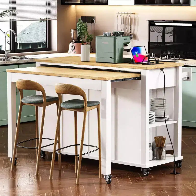 47 Îlot de cuisine avec table à manger extensible, dessus en placage de bois d'hévéa, étagère de rangement interne, prise de courant intégrée, chariot de cuisine roulant