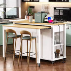 47 Îlot de cuisine avec table à manger extensible, dessus en placage de bois d'hévéa, étagère de rangement interne, prise de courant intégrée, chariot de cuisine roulant