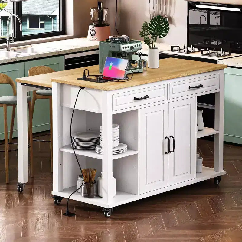 47 Îlot de cuisine avec table à manger extensible, dessus en placage de bois d'hévéa, étagère de rangement interne, prise de courant intégrée, chariot de cuisine roulant