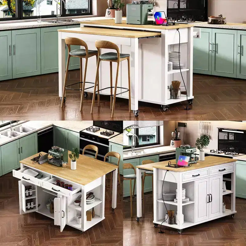 47 Îlot de cuisine avec table à manger extensible, dessus en placage de bois d'hévéa, étagère de rangement interne, prise de courant intégrée, chariot de cuisine roulant