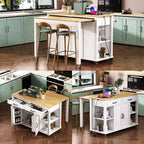 47 Îlot de cuisine avec table à manger extensible, dessus en placage de bois d'hévéa, étagère de rangement interne, prise de courant intégrée, chariot de cuisine roulant