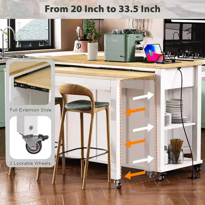 47 Îlot de cuisine avec table à manger extensible, dessus en placage de bois d'hévéa, étagère de rangement interne, prise de courant intégrée, chariot de cuisine roulant