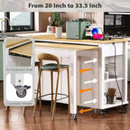 47 Îlot de cuisine avec table à manger extensible, dessus en placage de bois d'hévéa, étagère de rangement interne, prise de courant intégrée, chariot de cuisine roulant