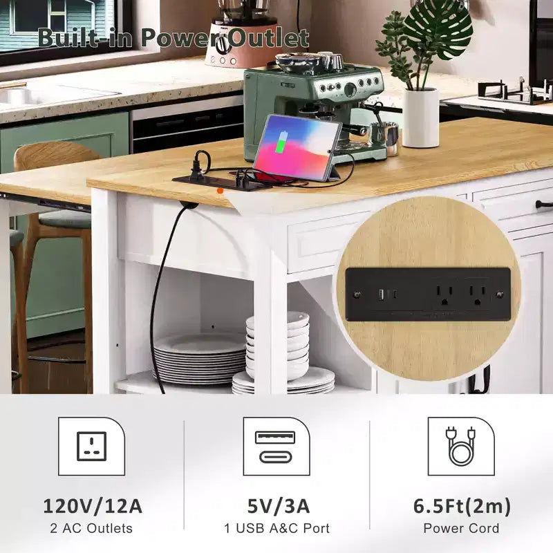 47 Îlot de cuisine avec table à manger extensible, dessus en placage de bois d'hévéa, étagère de rangement interne, prise de courant intégrée, chariot de cuisine roulant
