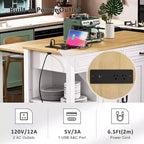 47 Îlot de cuisine avec table à manger extensible, dessus en placage de bois d'hévéa, étagère de rangement interne, prise de courant intégrée, chariot de cuisine roulant