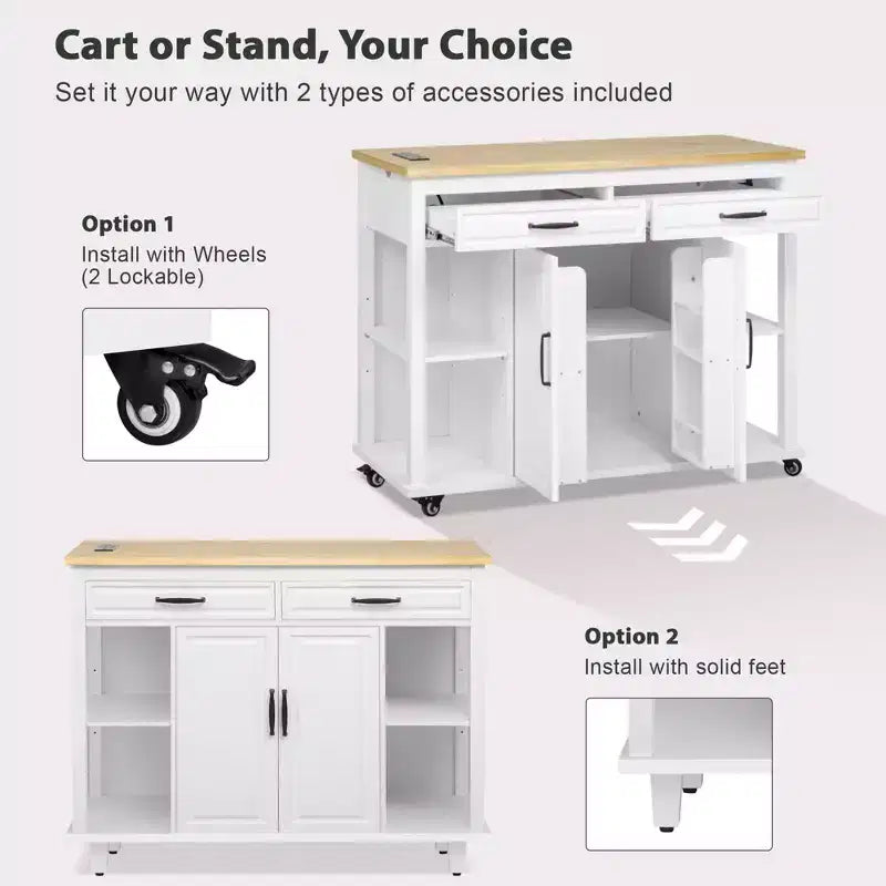 47 Îlot de cuisine avec table à manger extensible, dessus en placage de bois d'hévéa, étagère de rangement interne, prise de courant intégrée, chariot de cuisine roulant