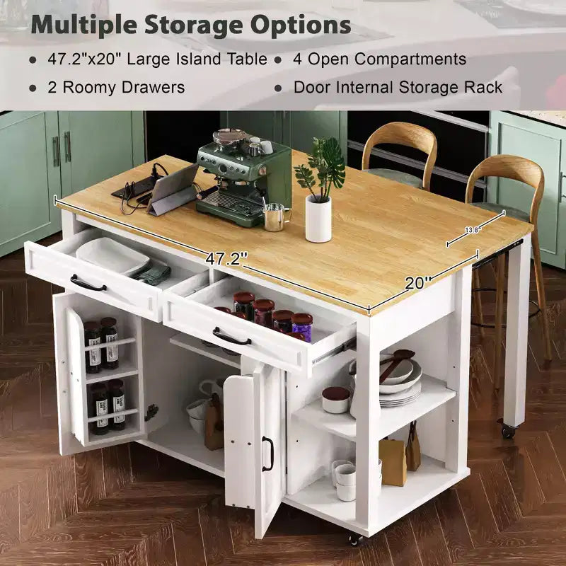 47 Îlot de cuisine avec table à manger extensible, dessus en placage de bois d'hévéa, étagère de rangement interne, prise de courant intégrée, chariot de cuisine roulant