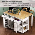 47 Îlot de cuisine avec table à manger extensible, dessus en placage de bois d'hévéa, étagère de rangement interne, prise de courant intégrée, chariot de cuisine roulant