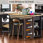 47 Îlot de cuisine avec table à manger extensible, dessus en placage de bois d'hévéa, étagère de rangement interne, prise de courant intégrée, chariot de cuisine roulant