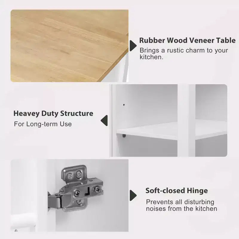 47 Îlot de cuisine avec table à manger extensible, dessus en placage de bois d'hévéa, étagère de rangement interne, prise de courant intégrée, chariot de cuisine roulant