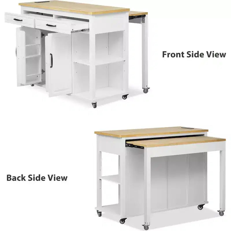 47 Îlot de cuisine avec table à manger extensible, dessus en placage de bois d'hévéa, étagère de rangement interne, prise de courant intégrée, chariot de cuisine roulant