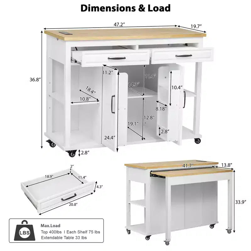 47 Îlot de cuisine avec table à manger extensible, dessus en placage de bois d'hévéa, étagère de rangement interne, prise de courant intégrée, chariot de cuisine roulant