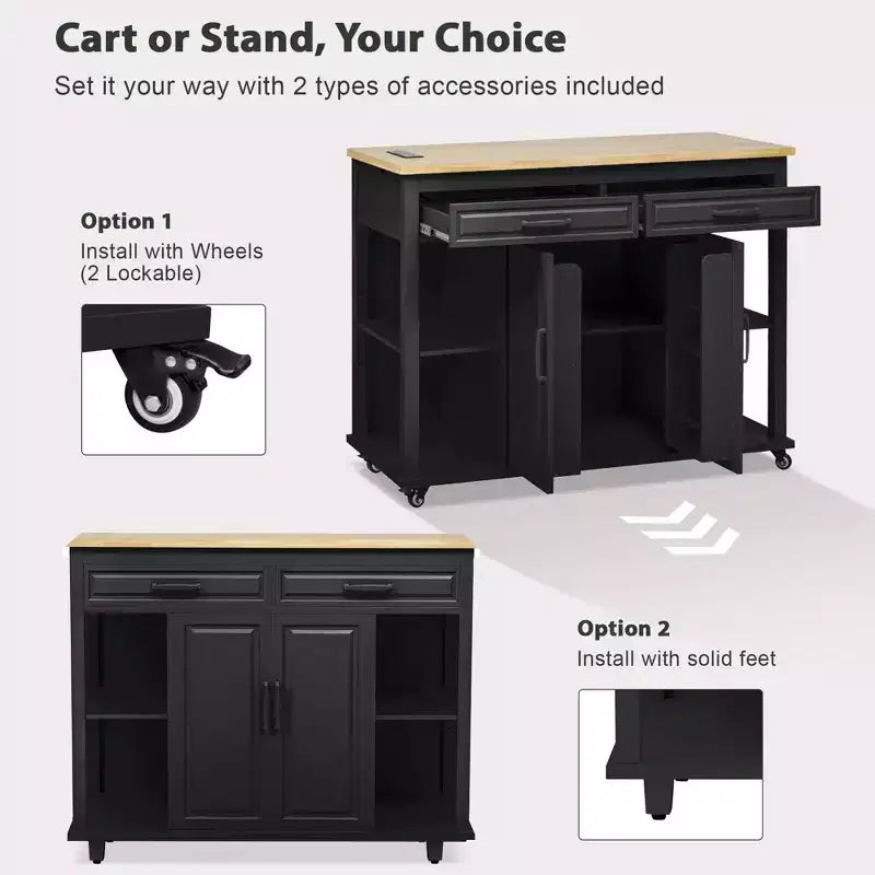 47 Îlot de cuisine avec table à manger extensible, dessus en placage de bois d'hévéa, étagère de rangement interne, prise de courant intégrée, chariot de cuisine roulant