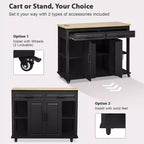 47 Îlot de cuisine avec table à manger extensible, dessus en placage de bois d'hévéa, étagère de rangement interne, prise de courant intégrée, chariot de cuisine roulant