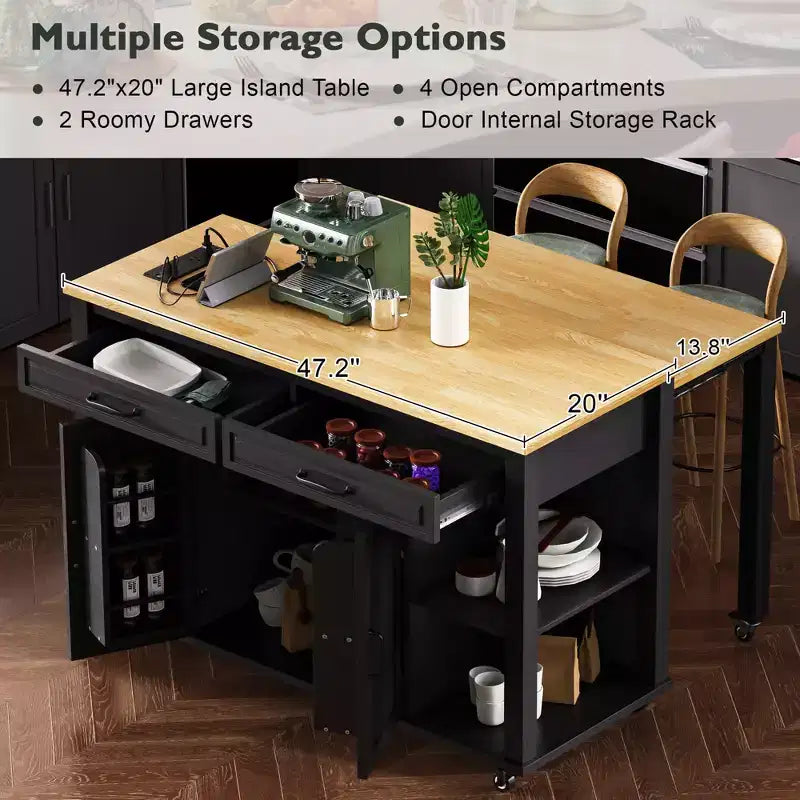 47 Îlot de cuisine avec table à manger extensible, dessus en placage de bois d'hévéa, étagère de rangement interne, prise de courant intégrée, chariot de cuisine roulant