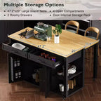 47 Îlot de cuisine avec table à manger extensible, dessus en placage de bois d'hévéa, étagère de rangement interne, prise de courant intégrée, chariot de cuisine roulant