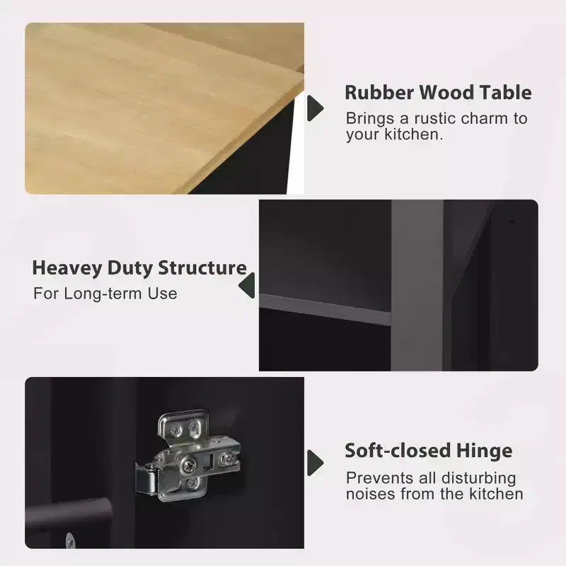 47 Îlot de cuisine avec table à manger extensible, dessus en placage de bois d'hévéa, étagère de rangement interne, prise de courant intégrée, chariot de cuisine roulant