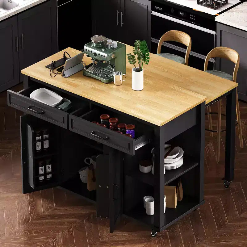 47 Kitchen Island with Extendable Dining Table, Rubber Wood Veneer Top, Internal Storage Rack, Built-in Power Outlet, Rolling Kitchen Cart