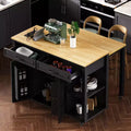 47 Kitchen Island with Extendable Dining Table, Rubber Wood Veneer Top, Internal Storage Rack, Built-in Power Outlet, Rolling Kitchen Cart