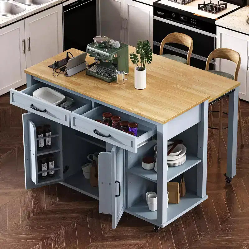 47 Îlot de cuisine avec table à manger extensible, dessus en placage de bois d'hévéa, étagère de rangement interne, prise de courant intégrée, chariot de cuisine roulant