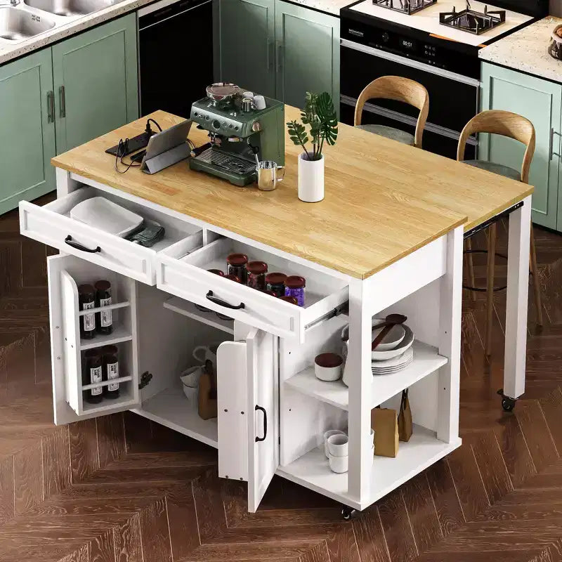47 Îlot de cuisine avec table à manger extensible, dessus en placage de bois d'hévéa, étagère de rangement interne, prise de courant intégrée, chariot de cuisine roulant
